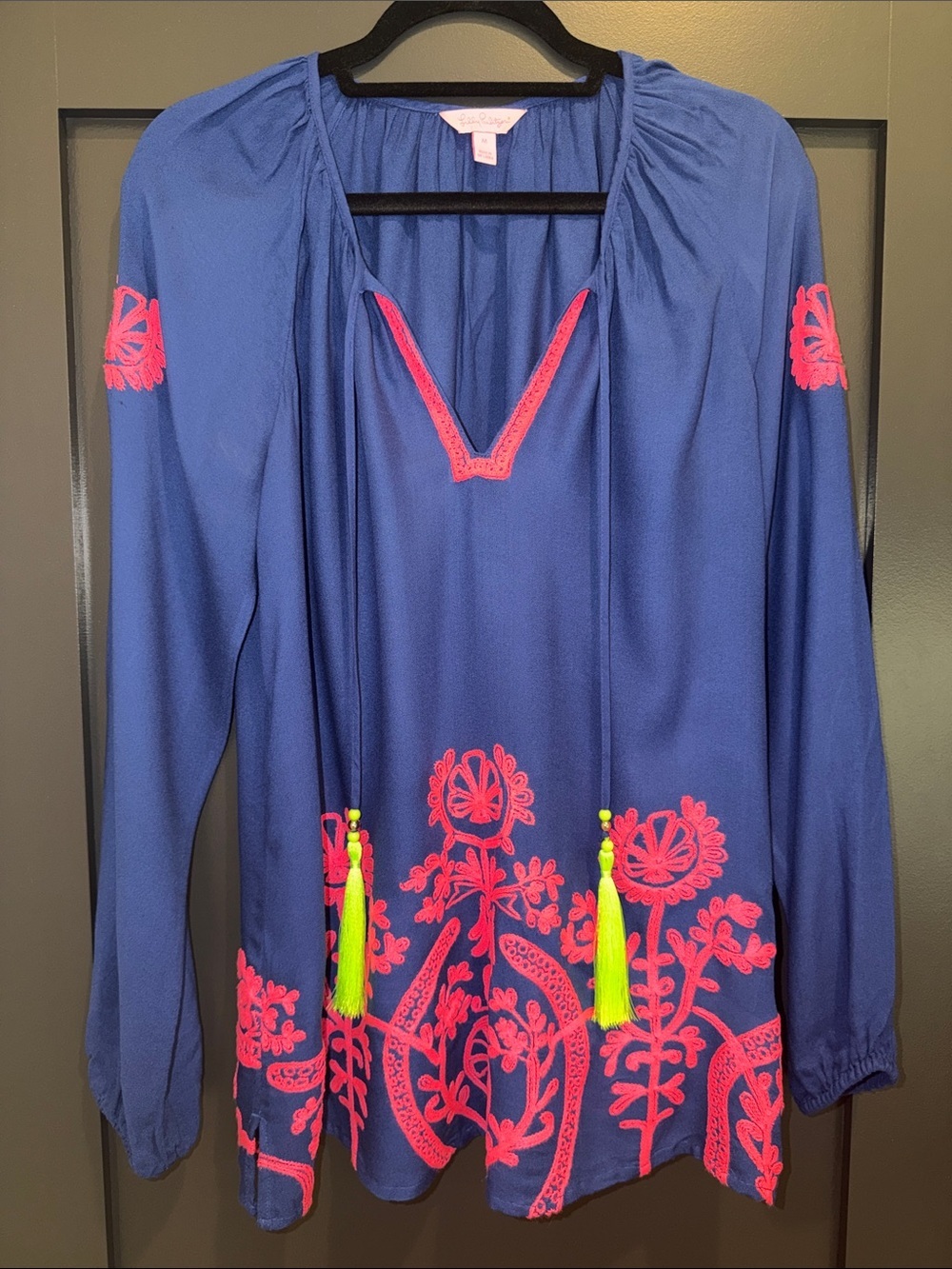 Lilly Pulitzer Navy Tunic with Hot Pink Embroidery & Neon Tassels